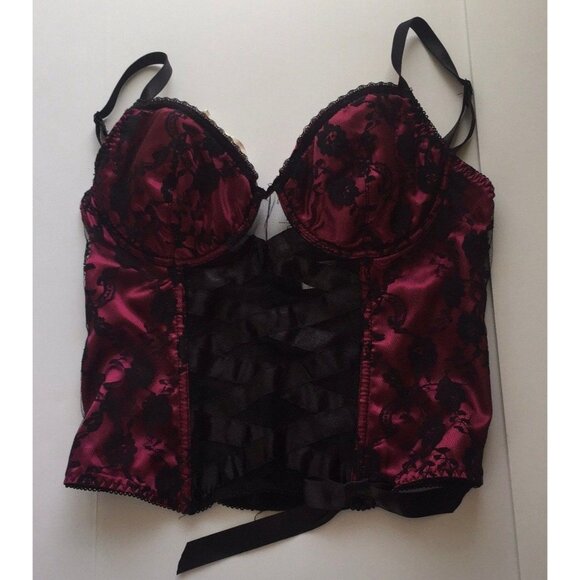 Vtg Native Intimates Coreset & Thong Lingerie Black Maroon Lace Black Ribbon 34B - Picture 3 of 9